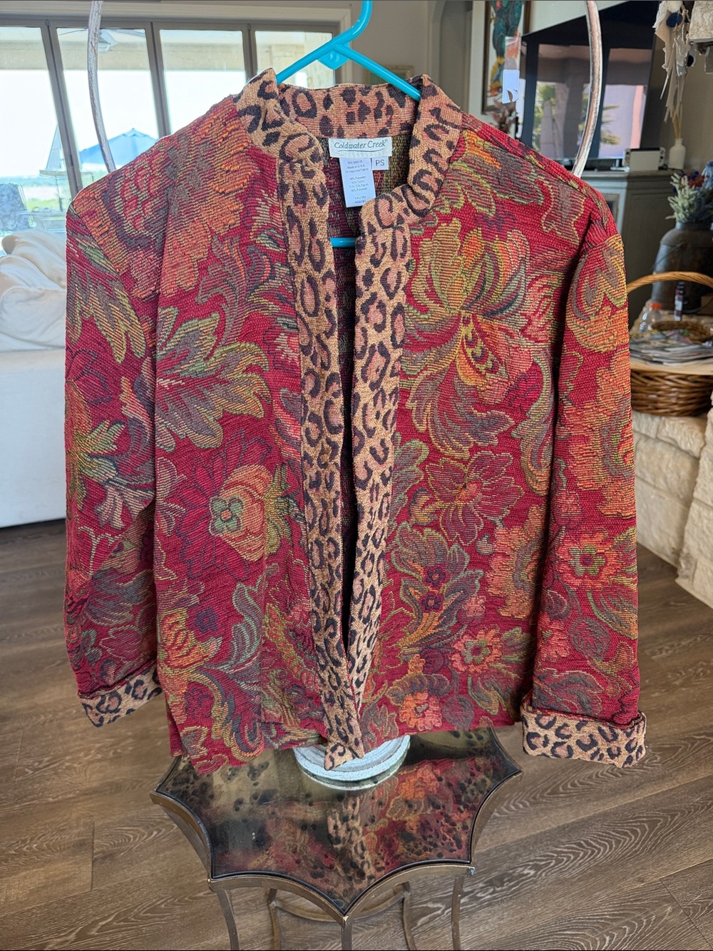 Coldwater Creek Red Floral Jacket with Leopard Trim